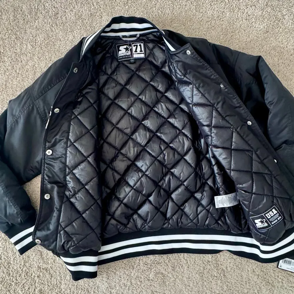 Starter Varsity Jacket Bomber Snap Front Satin Logo Retro Small Black NEW